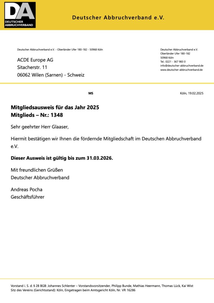 ACDE Europe AG membership confirmation for 2025 from Deutscher Abbruchverband e.V. – German Demolition Association