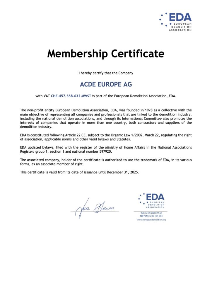 Membership certificate of ACDE Europe AG confirming official membership in the European Demolition Association (EDA) until December 31, 2025